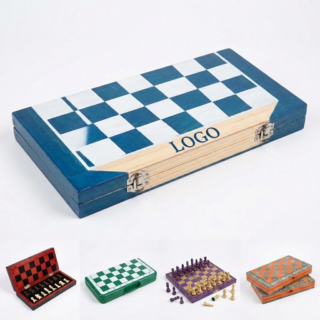 Portable Magnetic Chess Set with Blue & White Board